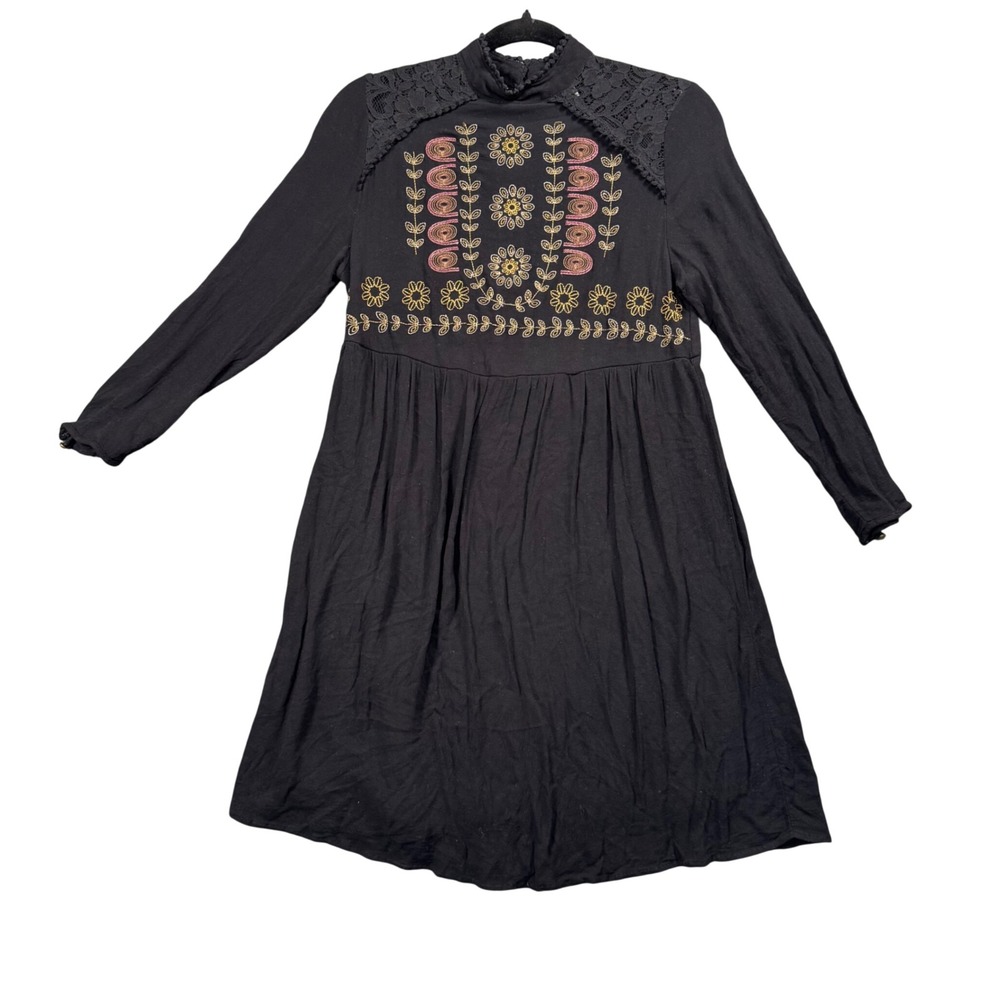 Xhilaration Black Embroidered‎ Boho Mini Dress Lace Shoulder Indie Folk Grunge M